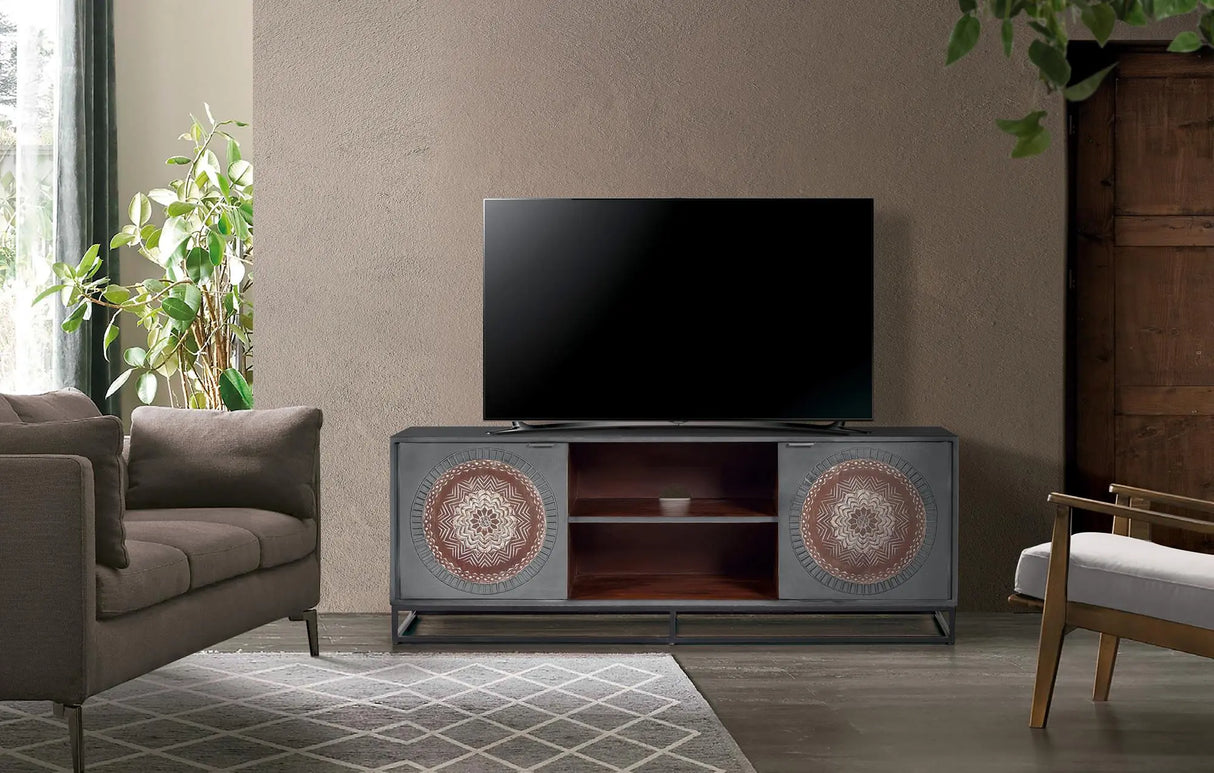 Giner and Colomer - 2-Door Mango Wood TV Cabinet With Metal Base