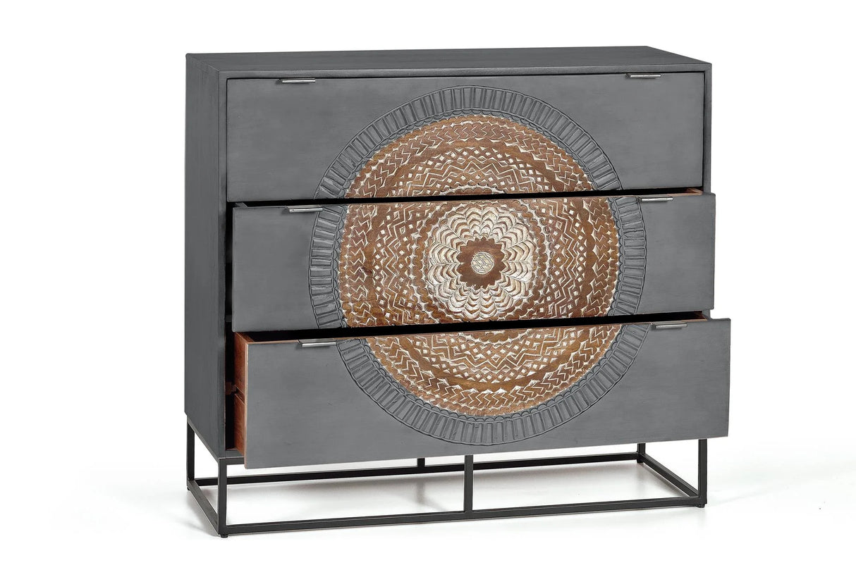 Giner and Colomer - Mango Wood Drawer Chest With Carved Details & Metal Base