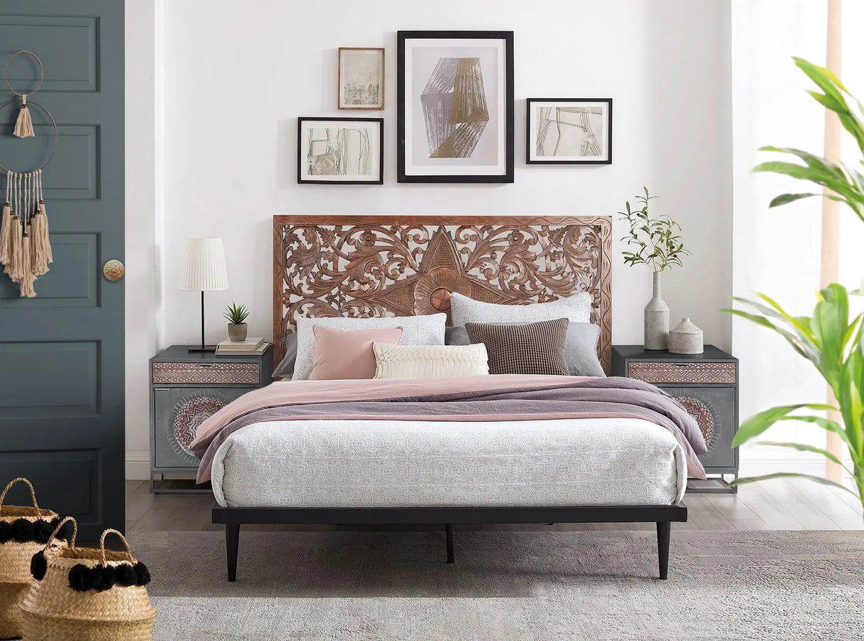 Giner and Colomer - 1-Door, 1-Drawer Mango Wood Table With Carving & Metal Base