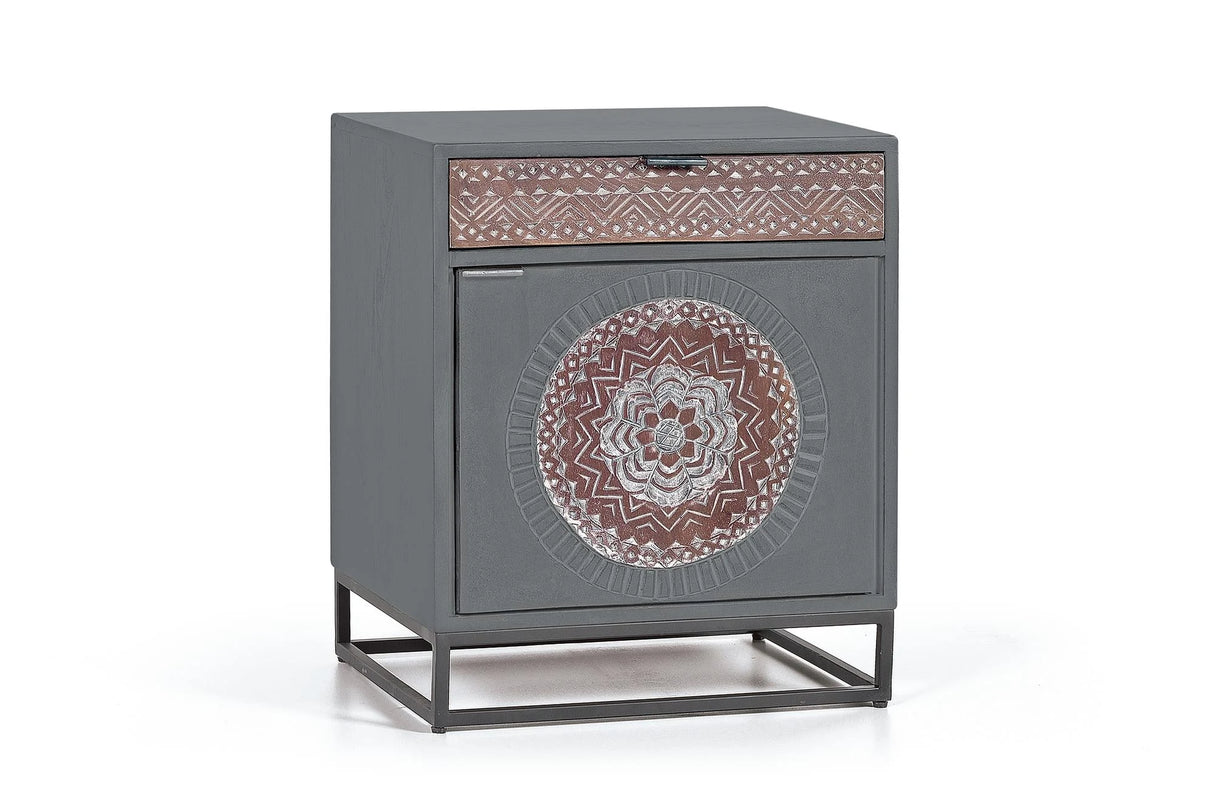 Giner and Colomer - 1-Door, 1-Drawer Mango Wood Table With Carving & Metal Base