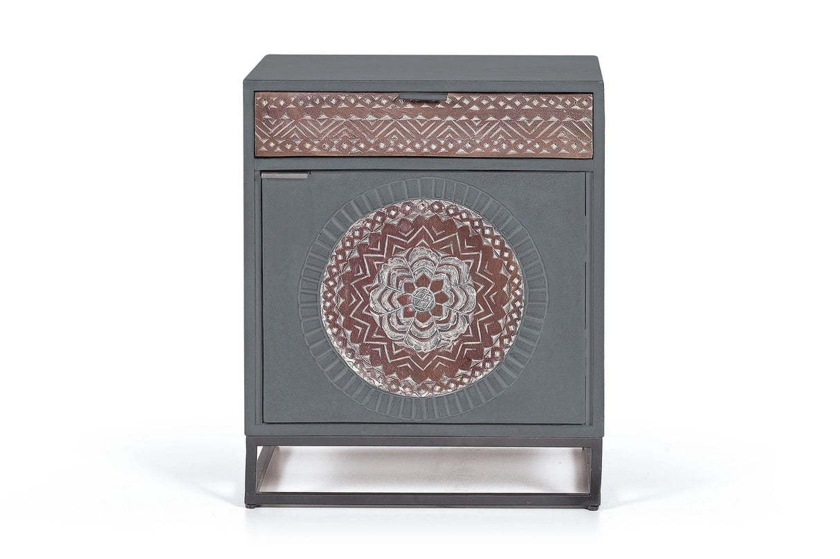 Giner and Colomer - 1-Door, 1-Drawer Mango Wood Table With Carving & Metal Base