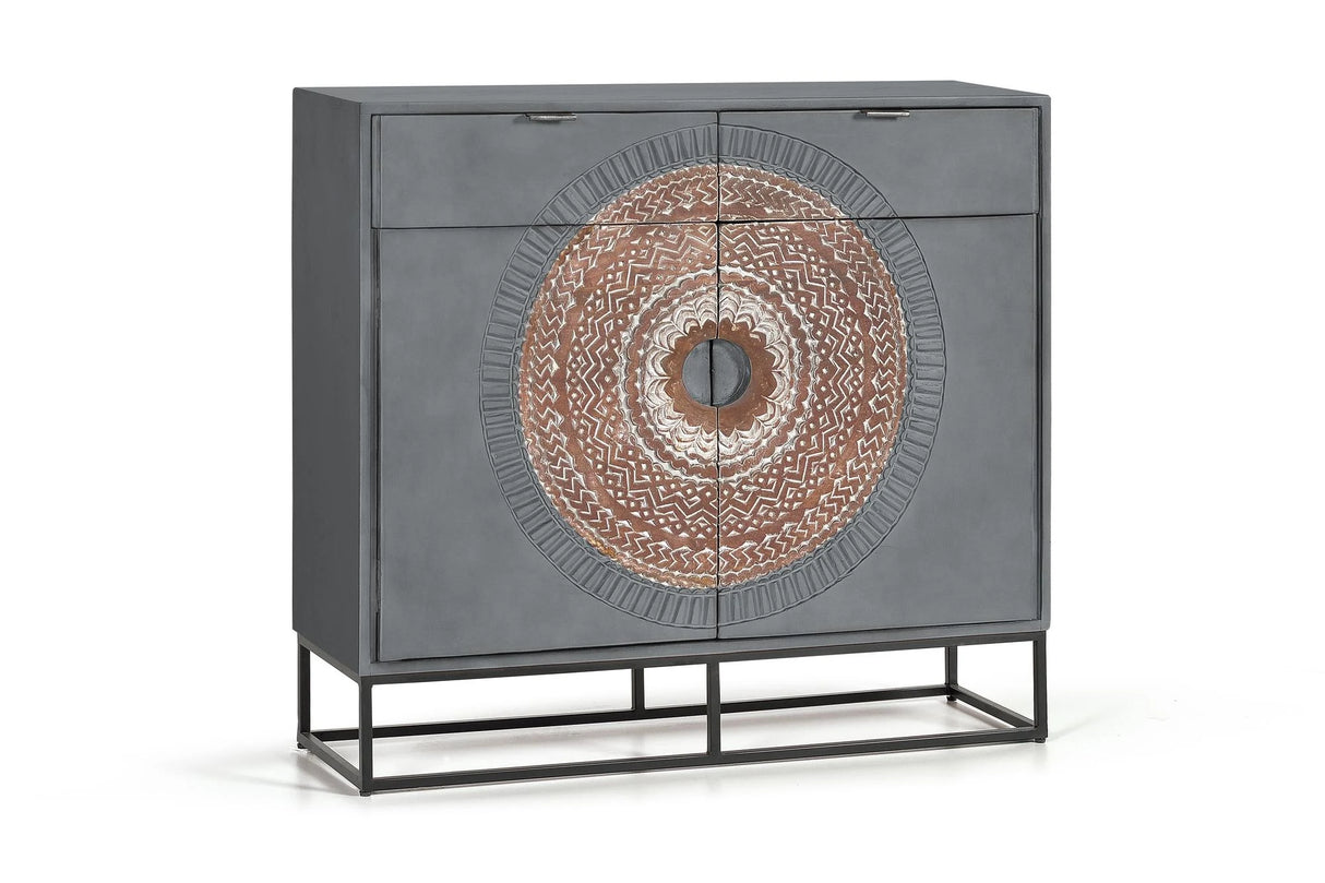 Giner and Colomer - 2-Door, 2-Drawer Mango Wood Console With Carved Details & Metal Base