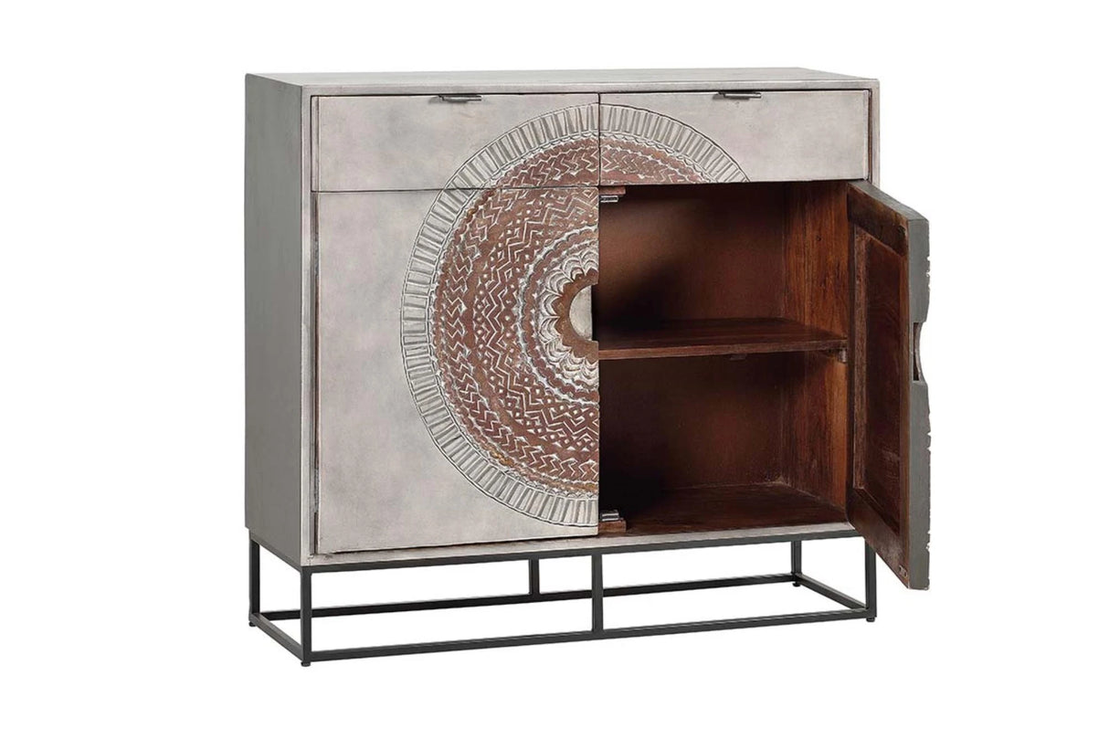 Giner and Colomer - 2-Door, 2-Drawer Mango Wood Console With Carved Details & Metal Base