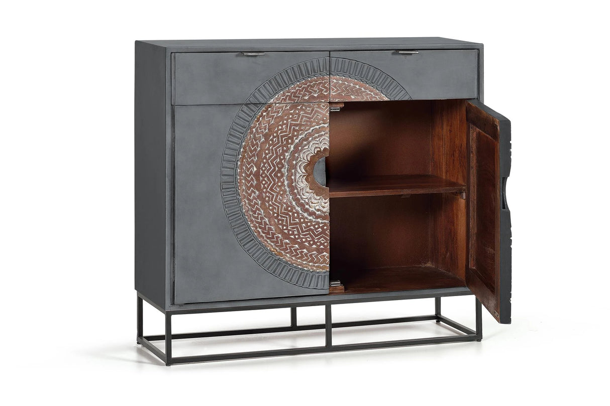 Giner and Colomer - 2-Door, 2-Drawer Mango Wood Console With Carved Details & Metal Base