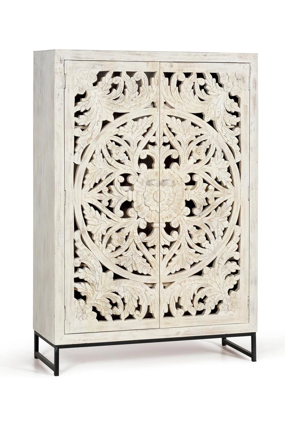 Giner and Colomer - 2-Door Mango Wood Display Cabinet & Metal Base, Carved Doors