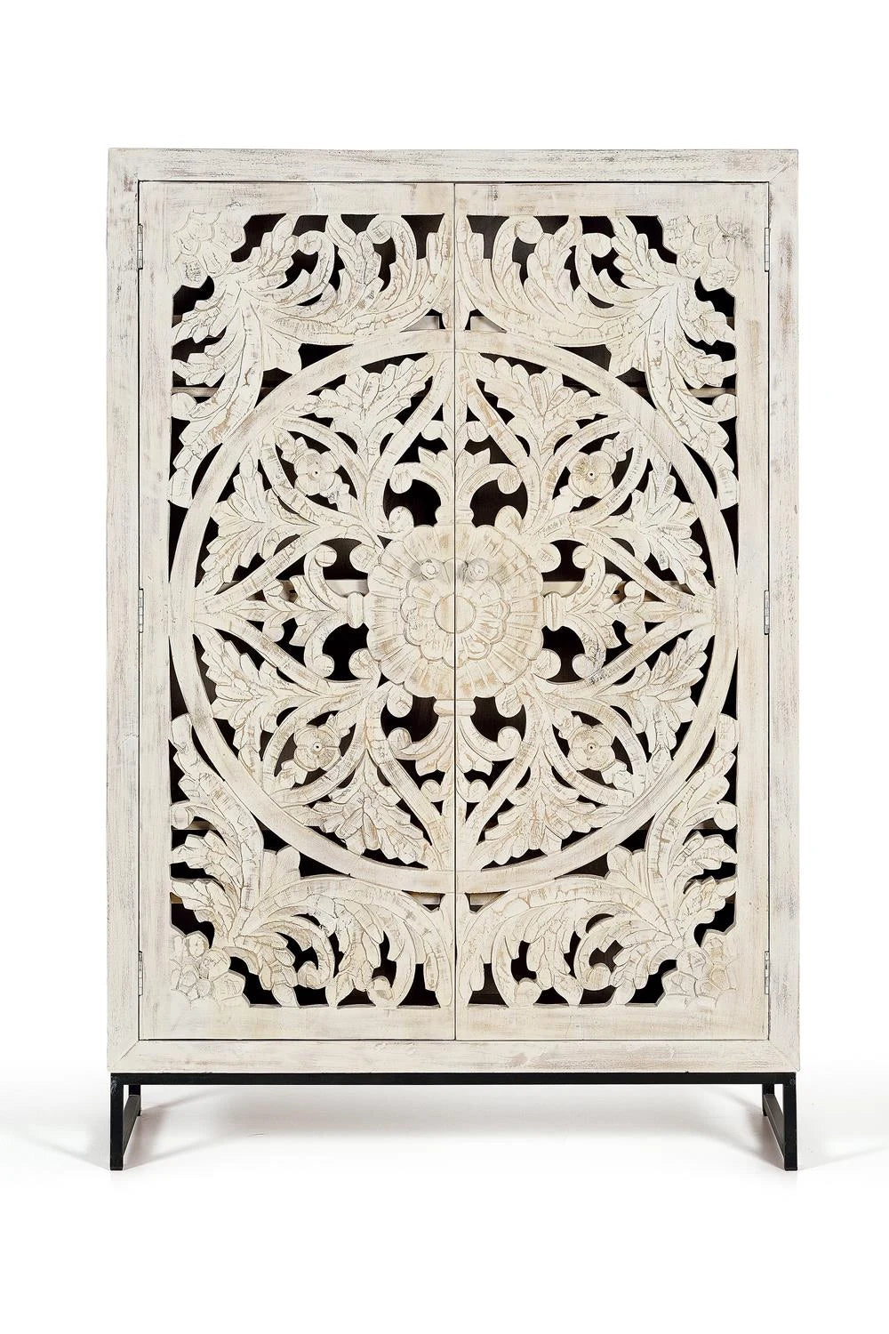 Giner and Colomer - 2-Door Mango Wood Display Cabinet & Metal Base, Carved Doors