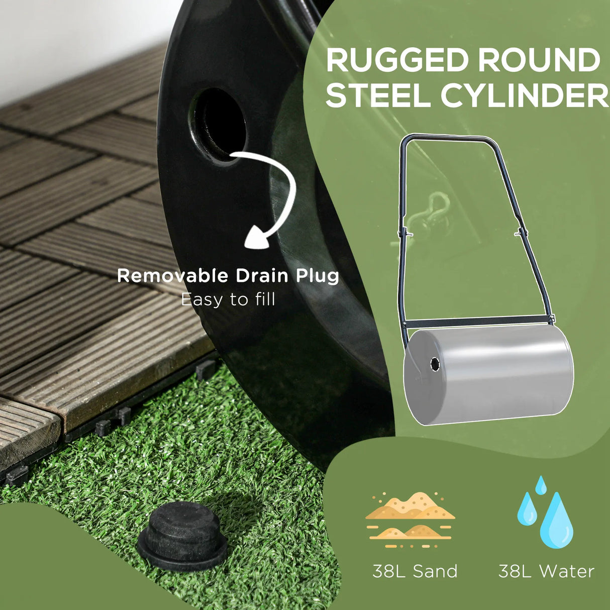 DURHAND 38L Garden Lawn Roller, Water Sand Filled Outdoor Grass Roller, Heavy Duty Metal Lawn Push Rolling Tool Aerator for Grass Seeding, Soil Levelling, Black