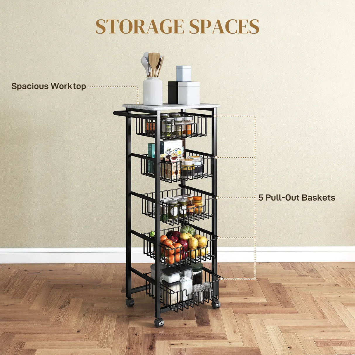 HOMCOM Five Basket Mobile Kitchen Island, with Brakes - Grey/Black