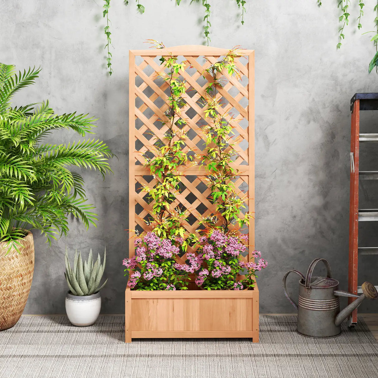 Outsunny Wooden Planter with Trellis, Freestanding Raised Bed for Garden with Lattice, Outdoor Planter Box for Climbing Plants, Vines, Flowers, 76 x 36 x 170 cm, Natural