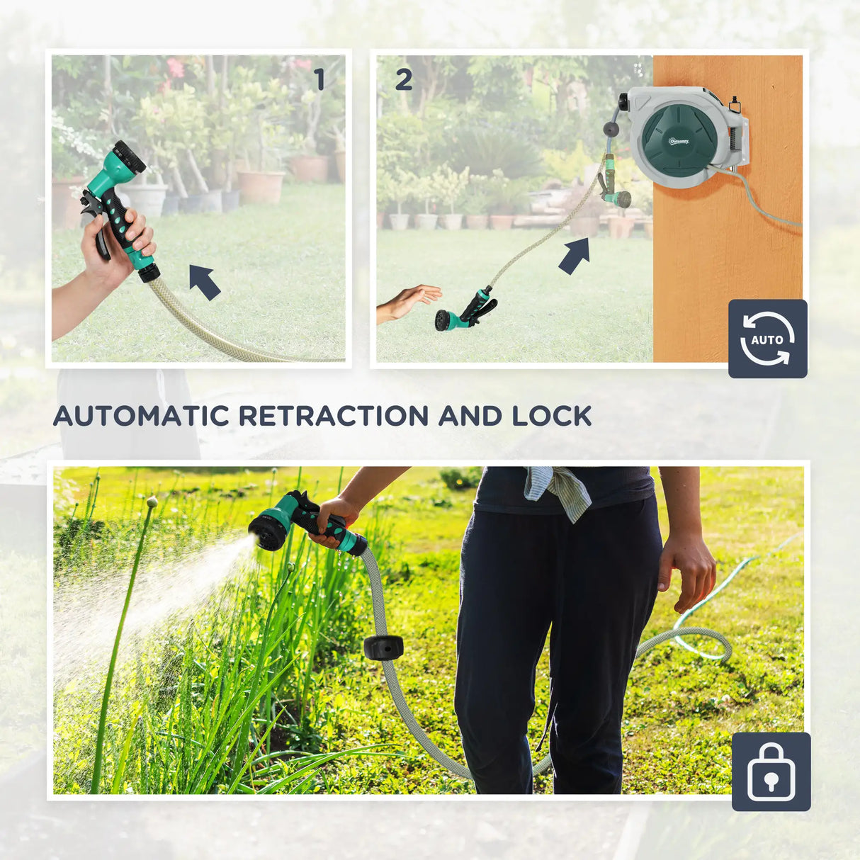 Outsunny Retractable Hose Reel Wall Mounted, 30+2m Garden Hose Pipe Reel with Lock, Auto Rewind, 7 in 1 Spray Nozzle, Includes Wall Fixings, 180 Swivel, Outdoor Watering, Grey