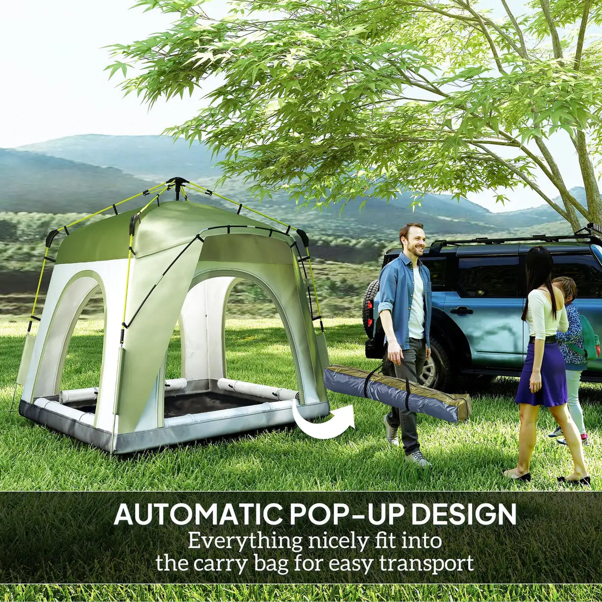 Outsunny Instant Pop Up Camping Tent, 4 Man Dome Tent with 4 Doors, Sewn-in Groundsheet, Carry Bag and Top Hook for Fishing Hiking Festival, Green