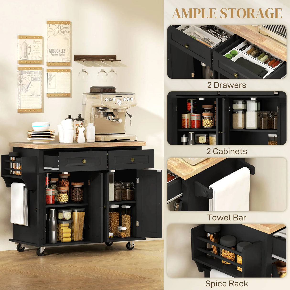 HOMCOM Rolling Kitchen Island Storage Trolley with Rubber Wood Top & Drawers for Dining Room, Black