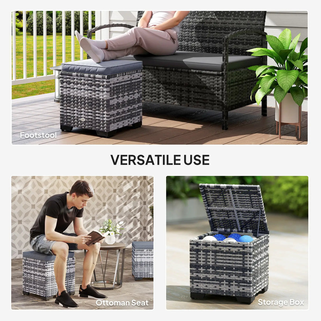 Outsunny Set of 2 Rattan Storage Ottoman, Outdoor Footstool with Removable Cushions, Garden Storage Seat for Balcony, Porch, Living Room, Dark Grey