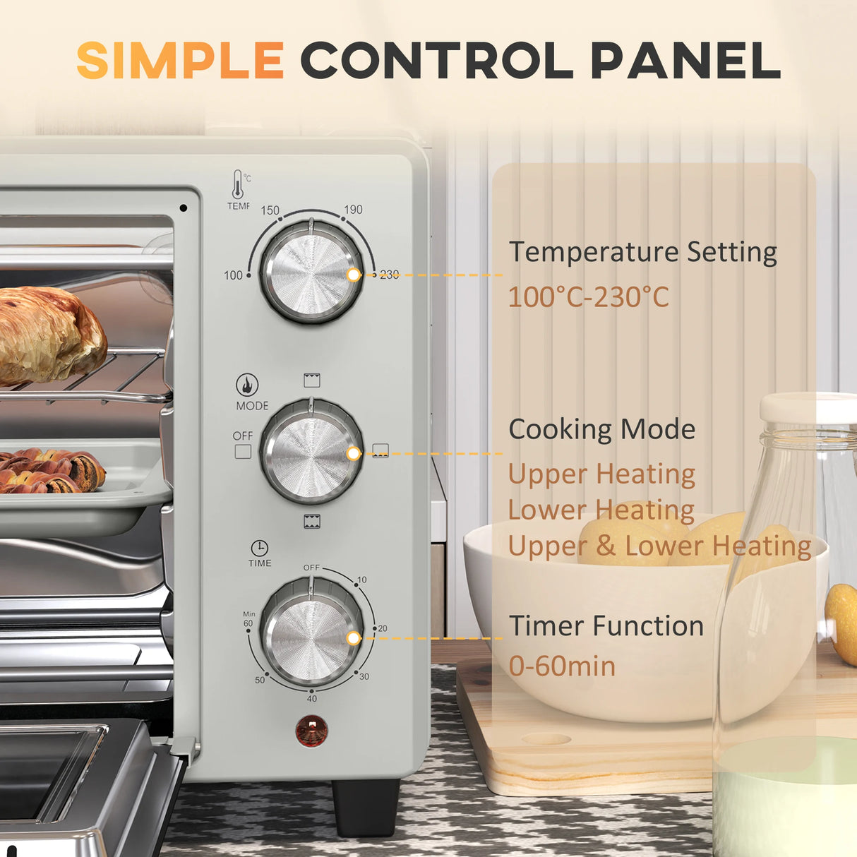 HOMCOM 21L Mini Countertop Oven, 100C-230C Adjustable Temp - Silver Tone
