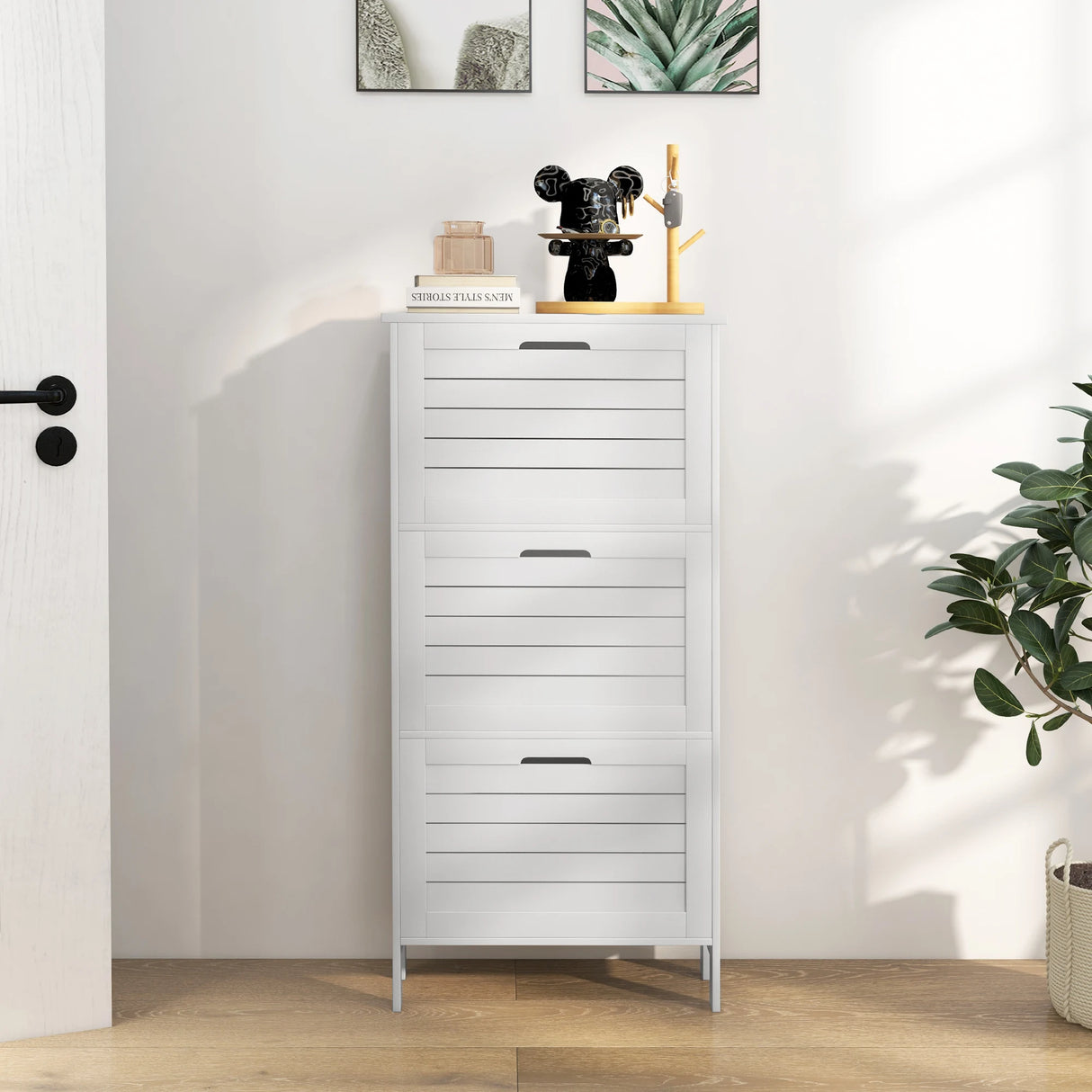 HOMCOM Narrow Shoe Cabinet with 3 Flip Drawers - White
