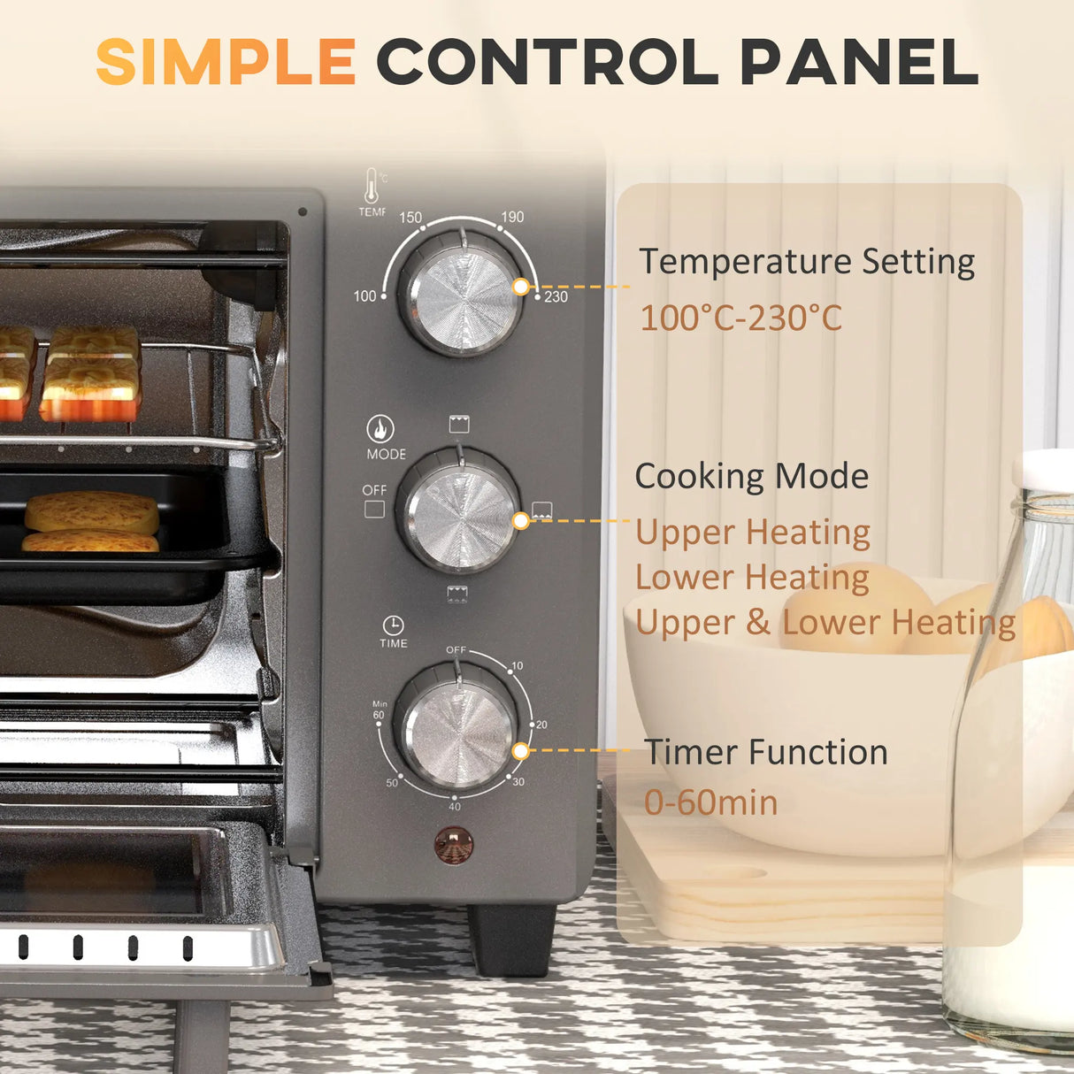 HOMCOM 21L Mini Countertop Oven, 100C-230C Adjustable Temp - Grey