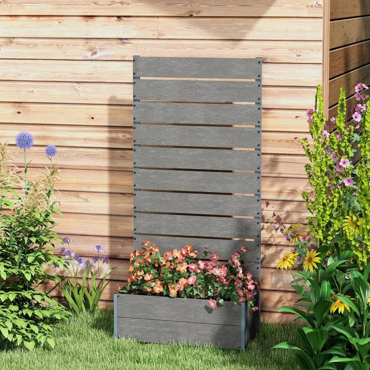 Outsunny Garden Planter with Trellis Wooden Planter for Garden & Patio Family Use, Grey