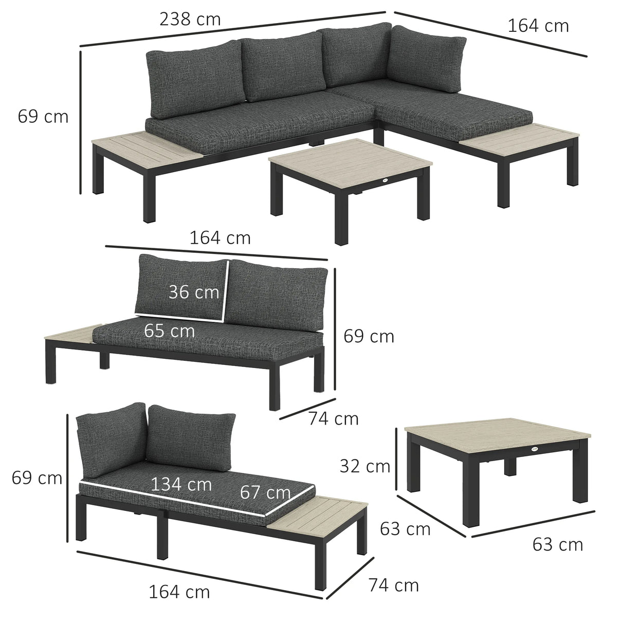 Outsunny 3 Pieces Garden Furniture Set, Aluminium 4 Seater Corner Sofa Set with 2 Loveseats, Coffee Table and Side Trays, Outdoor Conversation Furniture with Cushions for Garden, Dark Grey