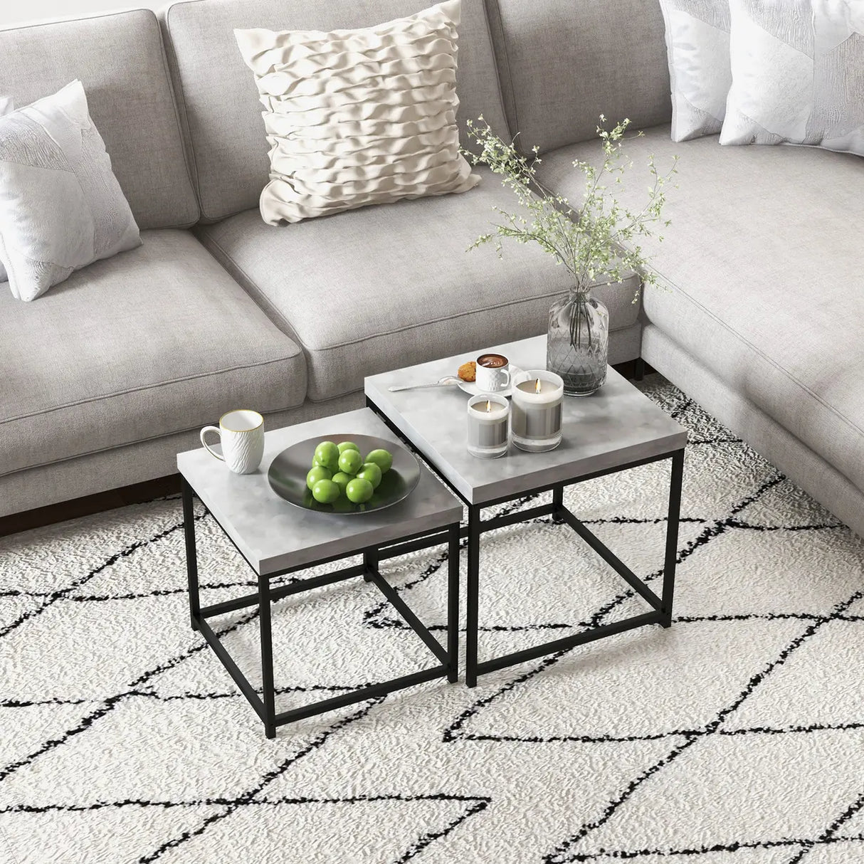 HOMCOM Coffee Table Set of 2, Nest of Tables with 3.5cm Thick Tabletop, Grey