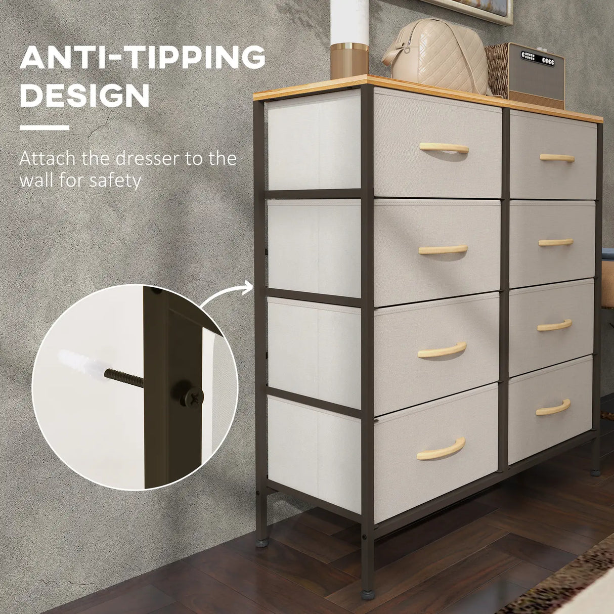 HOMCOM Fabric Chest of Drawers, Industrial Bedroom Dresser with 8 Fabric Drawers, Steel Frame and Wooden Top for Nursery, Living Room, Hallway, Cream White