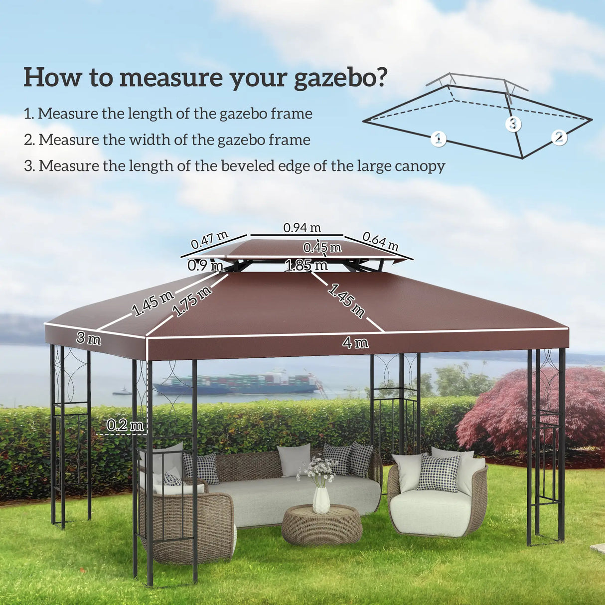 Outsunny 3x4m Gazebo Replacement Roof Canopy 2 Tier Top UV Cover Garden Patio Outdoor Sun Awning Shelters, Brown (TOP COVER ONLY)