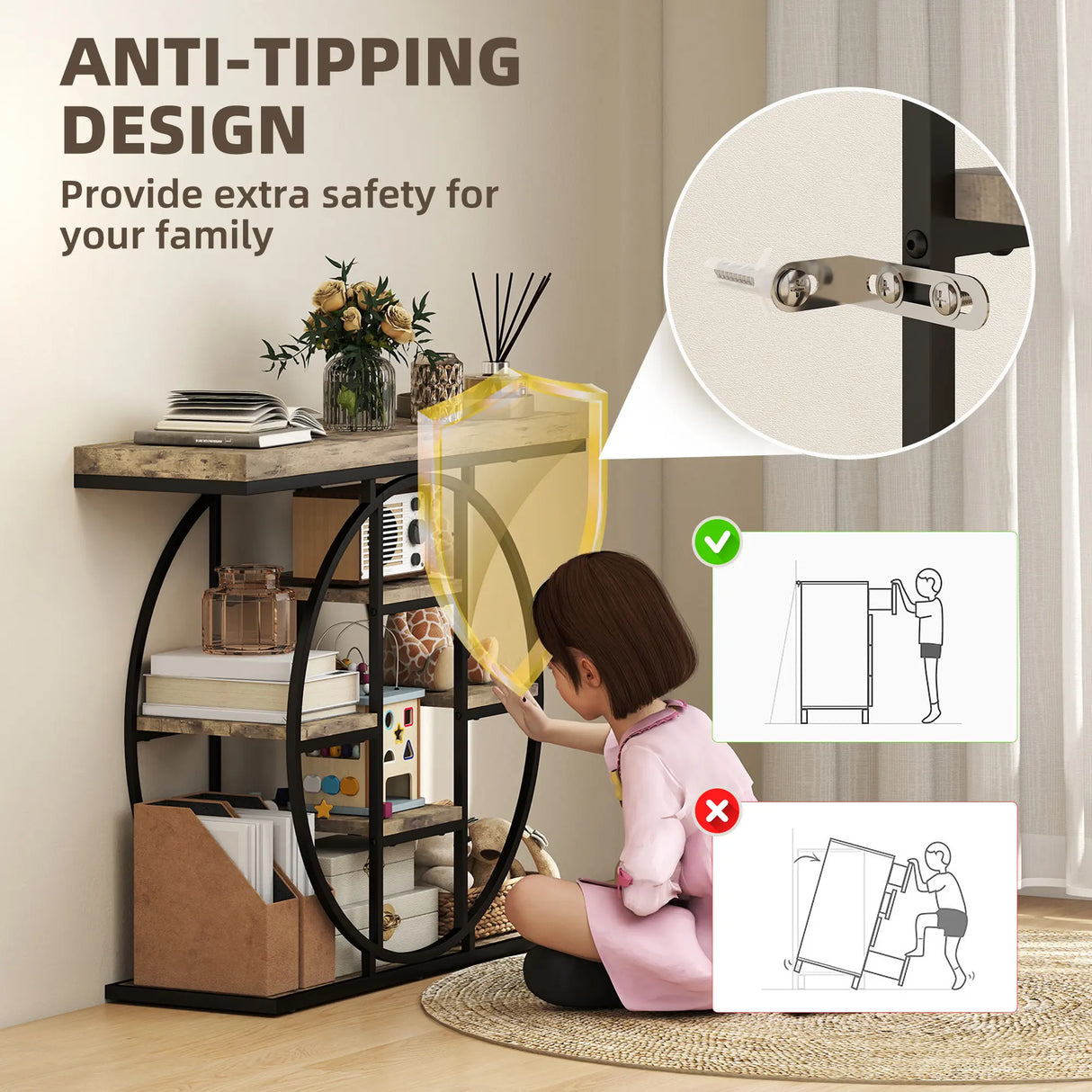 HOMCOM Industrial Console Table with Storage Shelves - Rustic Brown