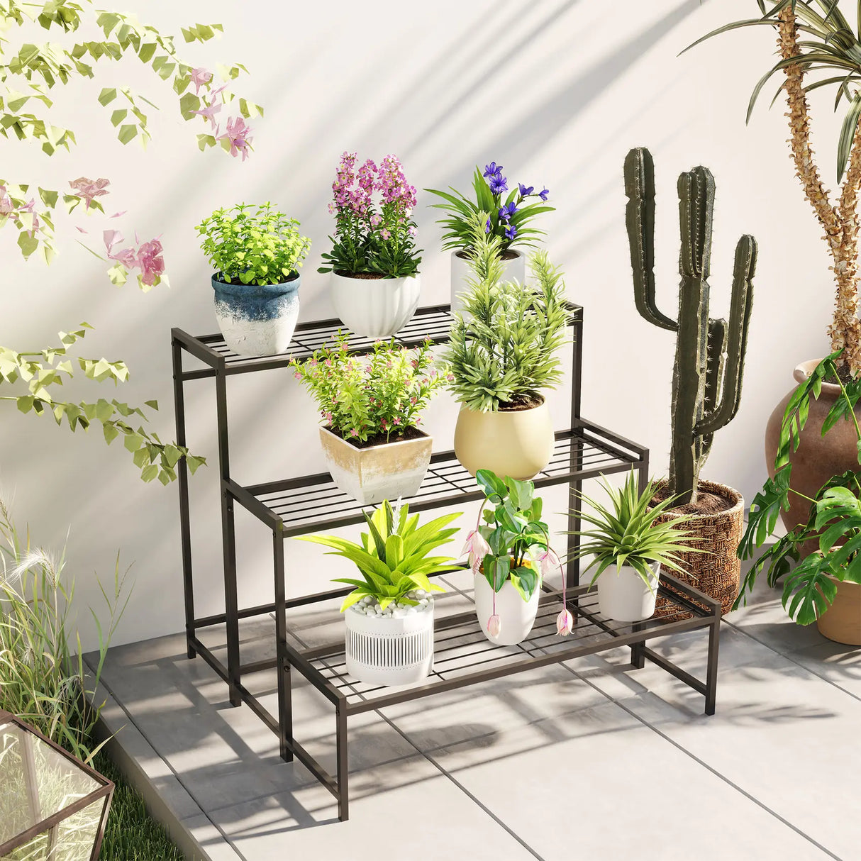 Outsunny Three-Tier Metal Plant Shelf - Black
