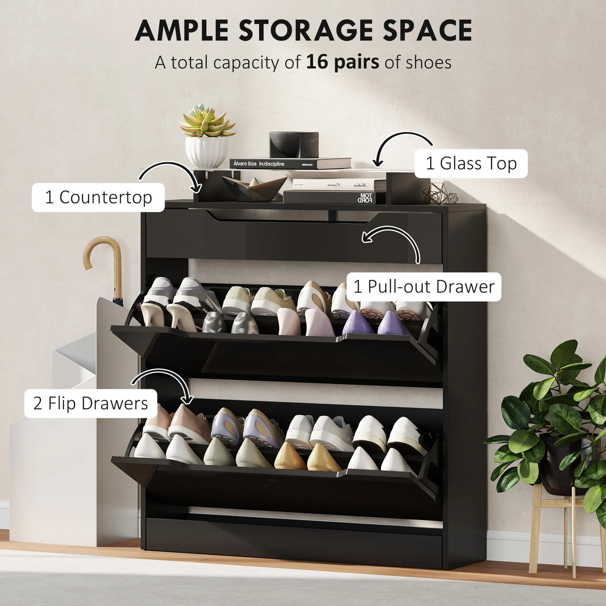 HOMCOM Shoe Storage Cabinet with Slide Out Drawer, 2 Flip Doors, Tempered Glass Top - Black