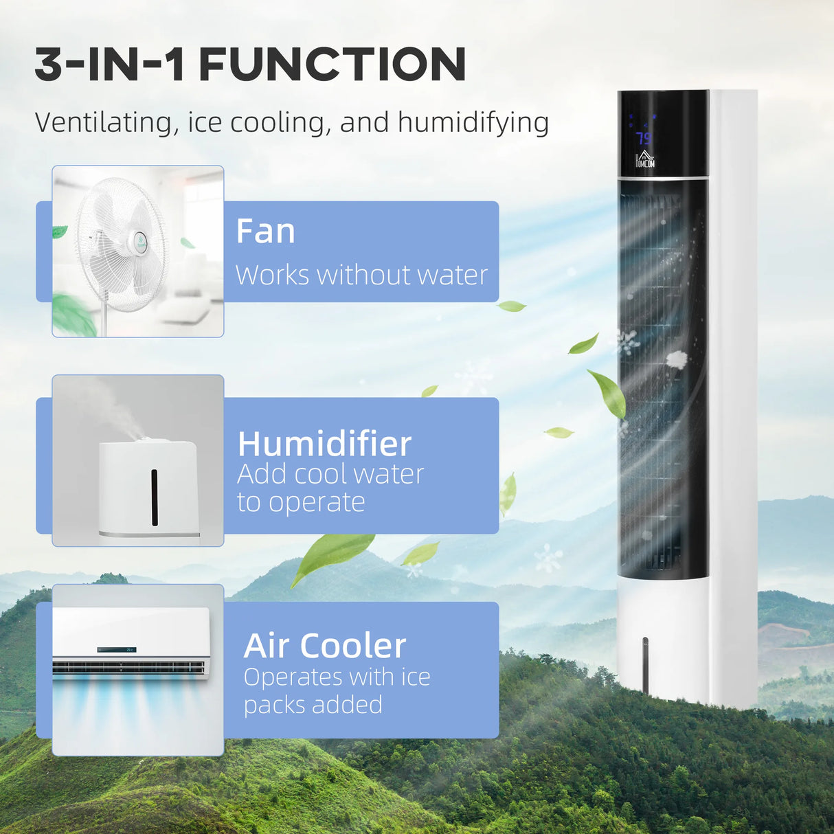 HOMCOM Portable Air Cooler, 3L Tank Evaporative Ice Cooling Tower Fan with 3 Modes, 3 Speeds, Remote, Timer, 60 Oscillating, Portable Swamp Cooler for Home Bedroom, White