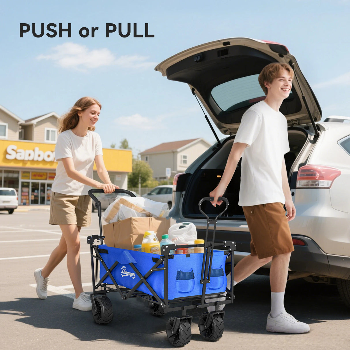Outsunny Folding Trolley Cart Storage Wagon Beach Trailer 4 Wheels with Handle Overhead Canopy Cart Push Pull for Camping, Blue
