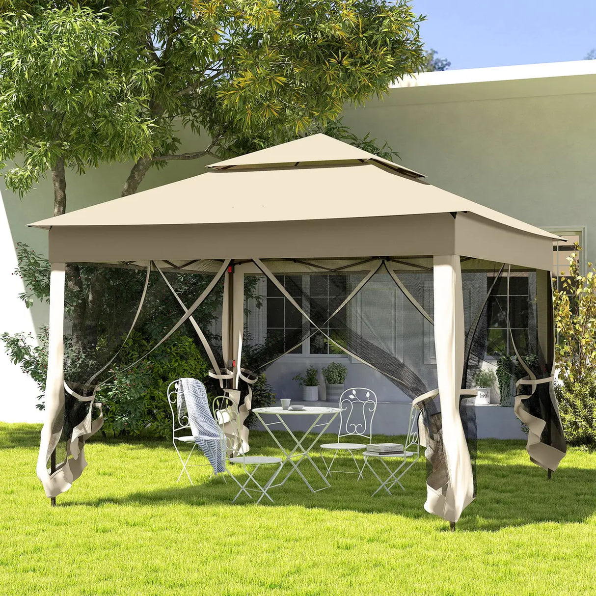 Outsunny 3 x 3(m) Pop Up Gazebo, Double-roof Garden Tent with Netting and Carry Bag, Party Event Shelter for Outdoor Patio, Cream White