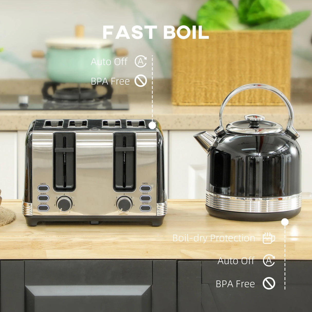 HOMCOM Polished Stainless Steel Kettle and Toaster Set - Black