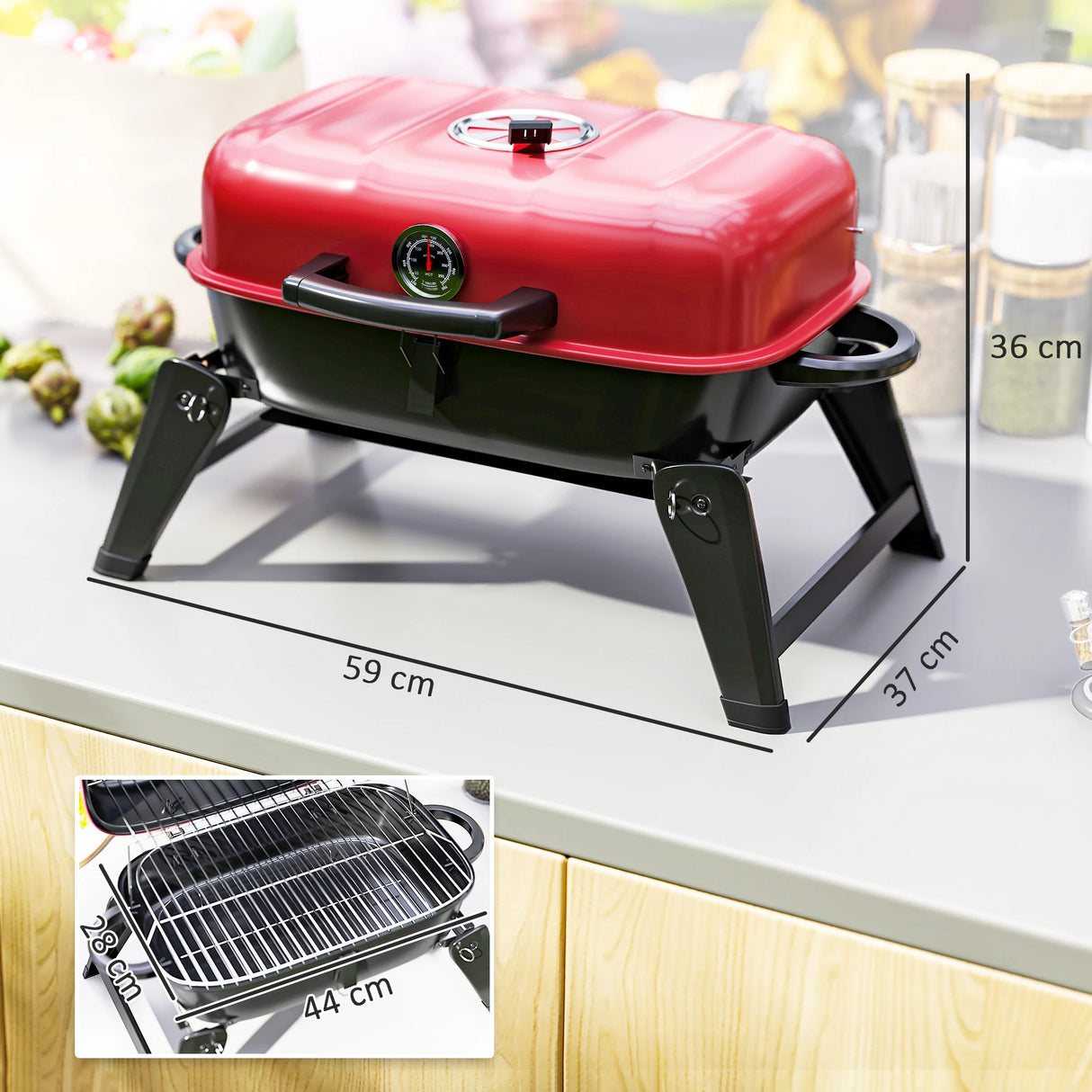 Outsunny Charcoal Barbecue Grill Folding BBQ Grill with 1232 cm2 Cooking Area, Adjustable Vent, Thermometer, Handles for Camping Picnic, Red