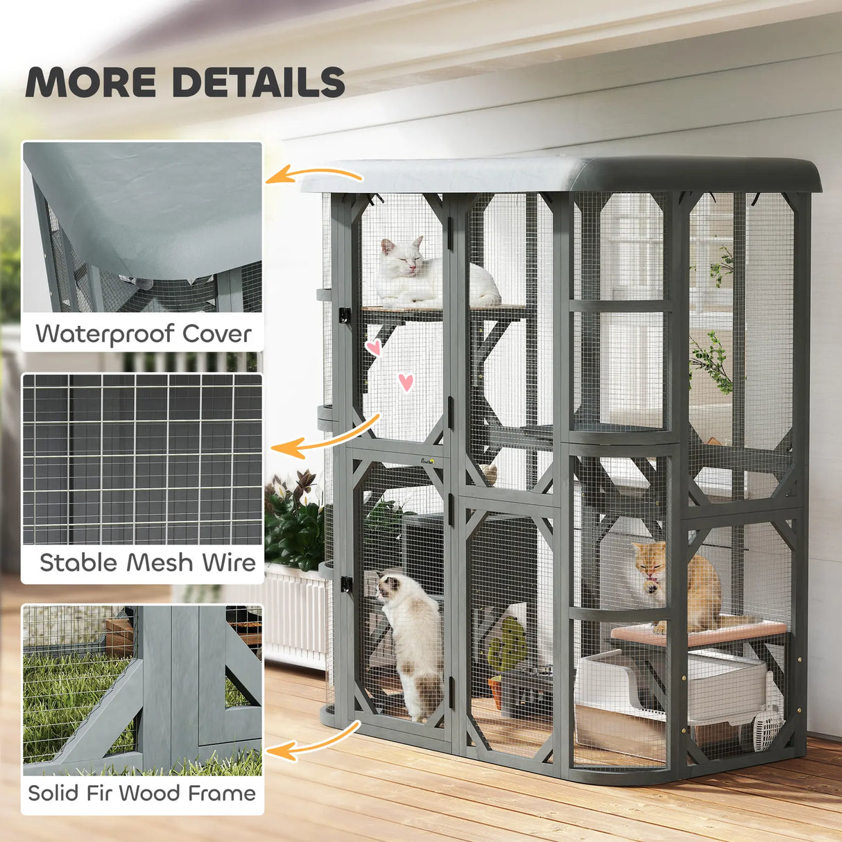 PawHut Catio Outdoor Cat Enclosure, Wooden Cat House with Platforms, Condo and Waterproof Cover for 23 Kittens, Grey