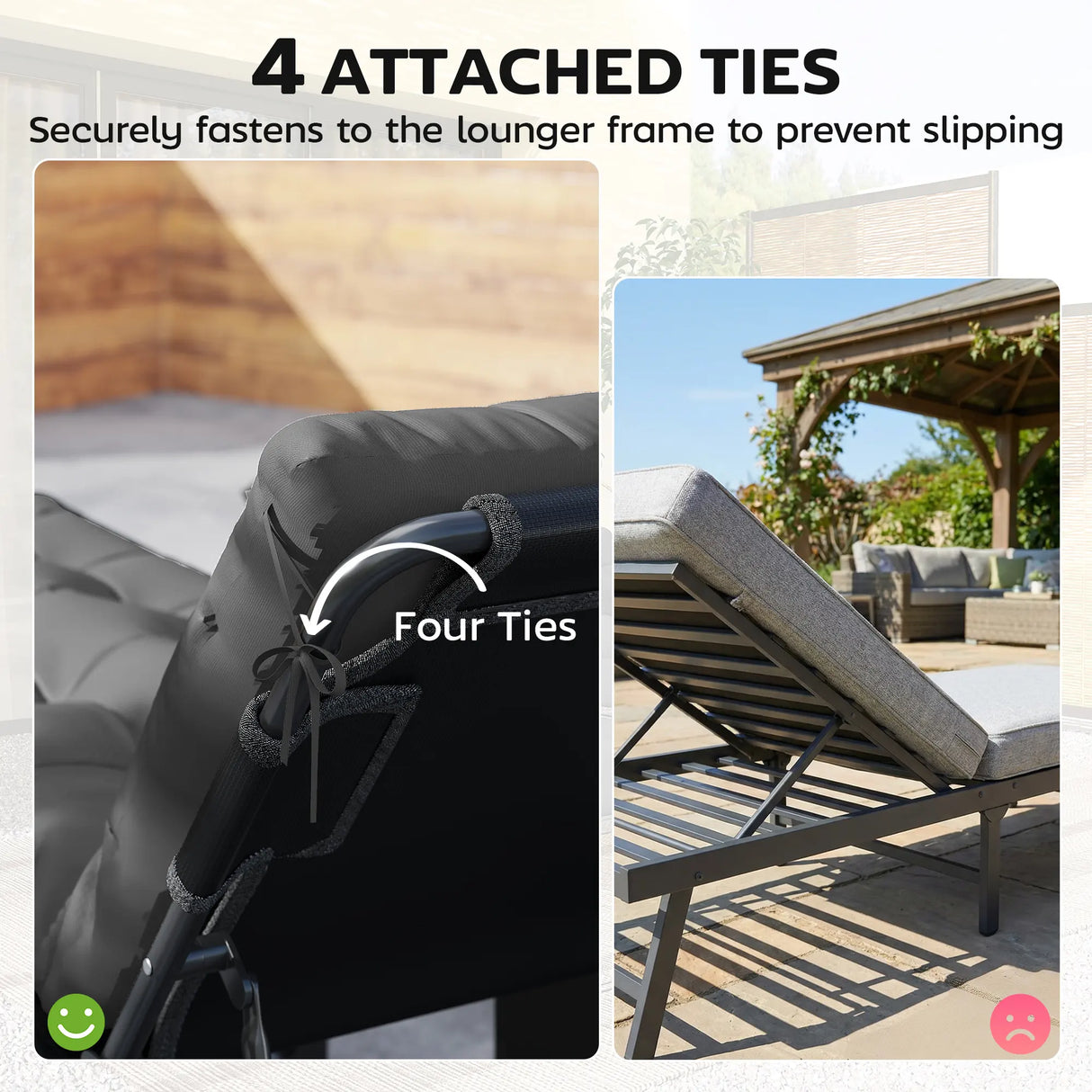 Outsunny Sun Lounger Cushions Only, Garden Lounge Chair Cushions Set of 2, Sunbed Replacement Pads with 4 Ties, Dark Grey
