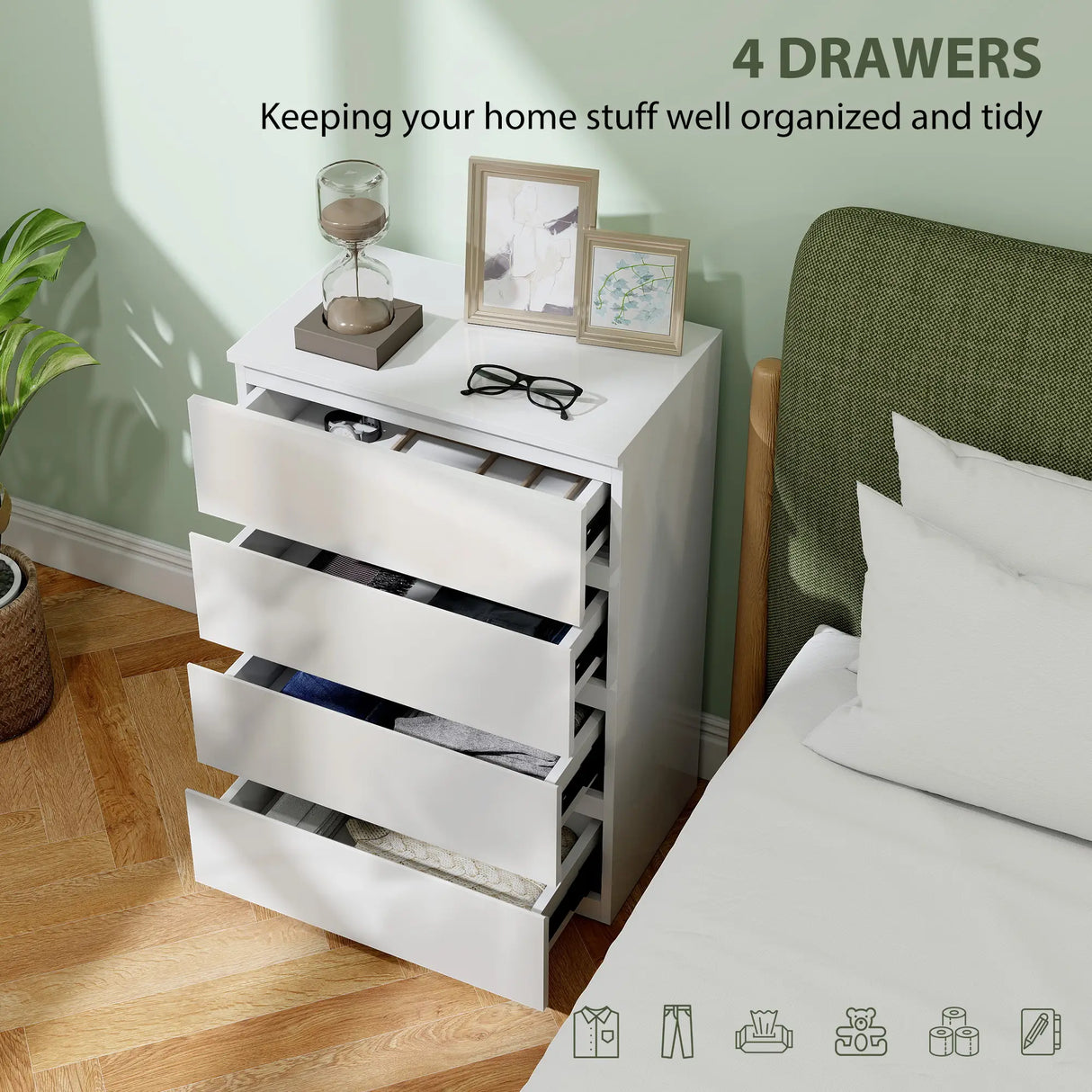 HOMCOM High Gloss Chest of Drawers, 4-Drawer Storage Cabinets, Modern Dresser for Bedroom, White