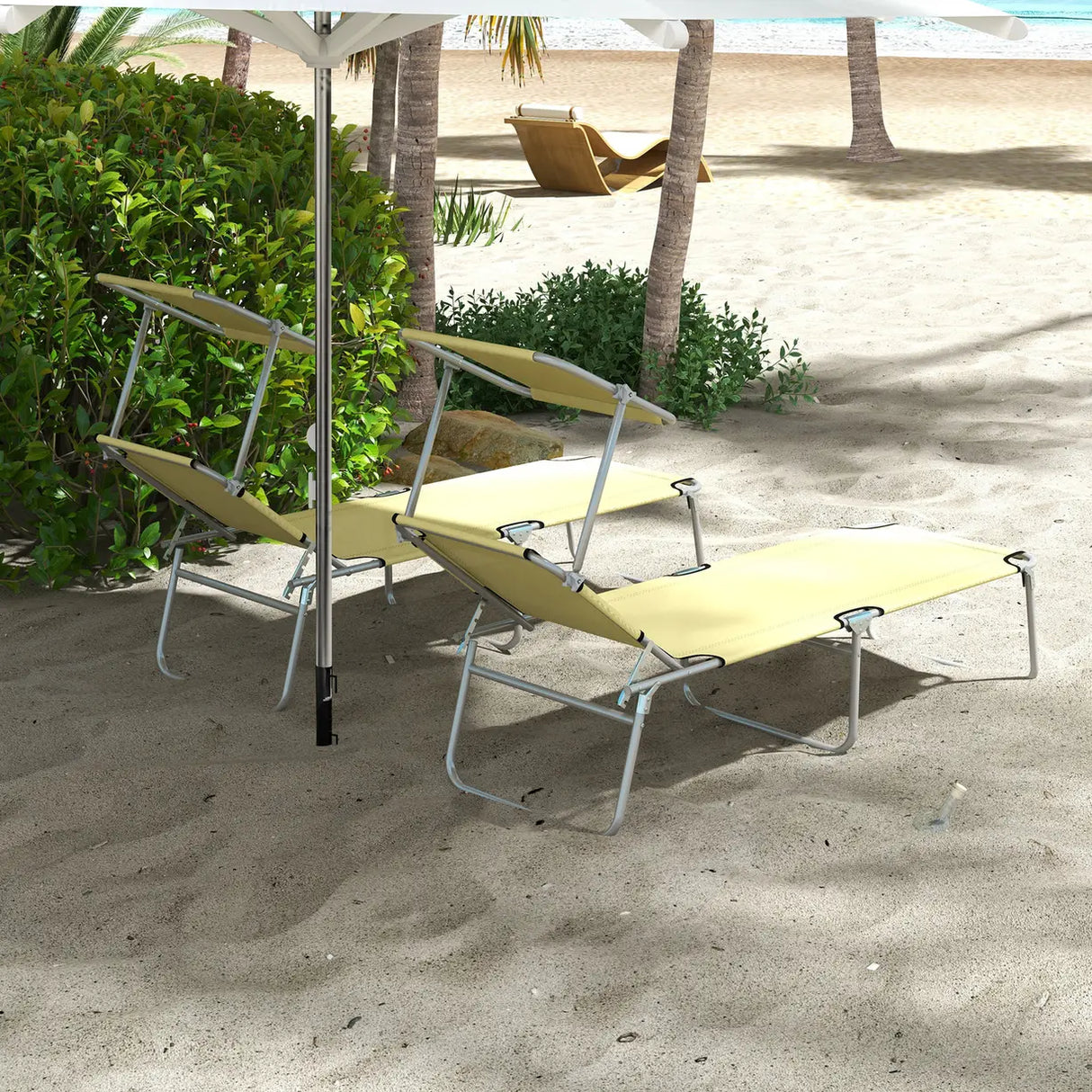 Outsunny Outdoor Foldable Sun Lounger Set of 2, 4 Level Adjustable Backrest Reclining Sun Lounger Chair with Angle Adjust Sun Shade Awning for Beach, Garden, Patio, Beige