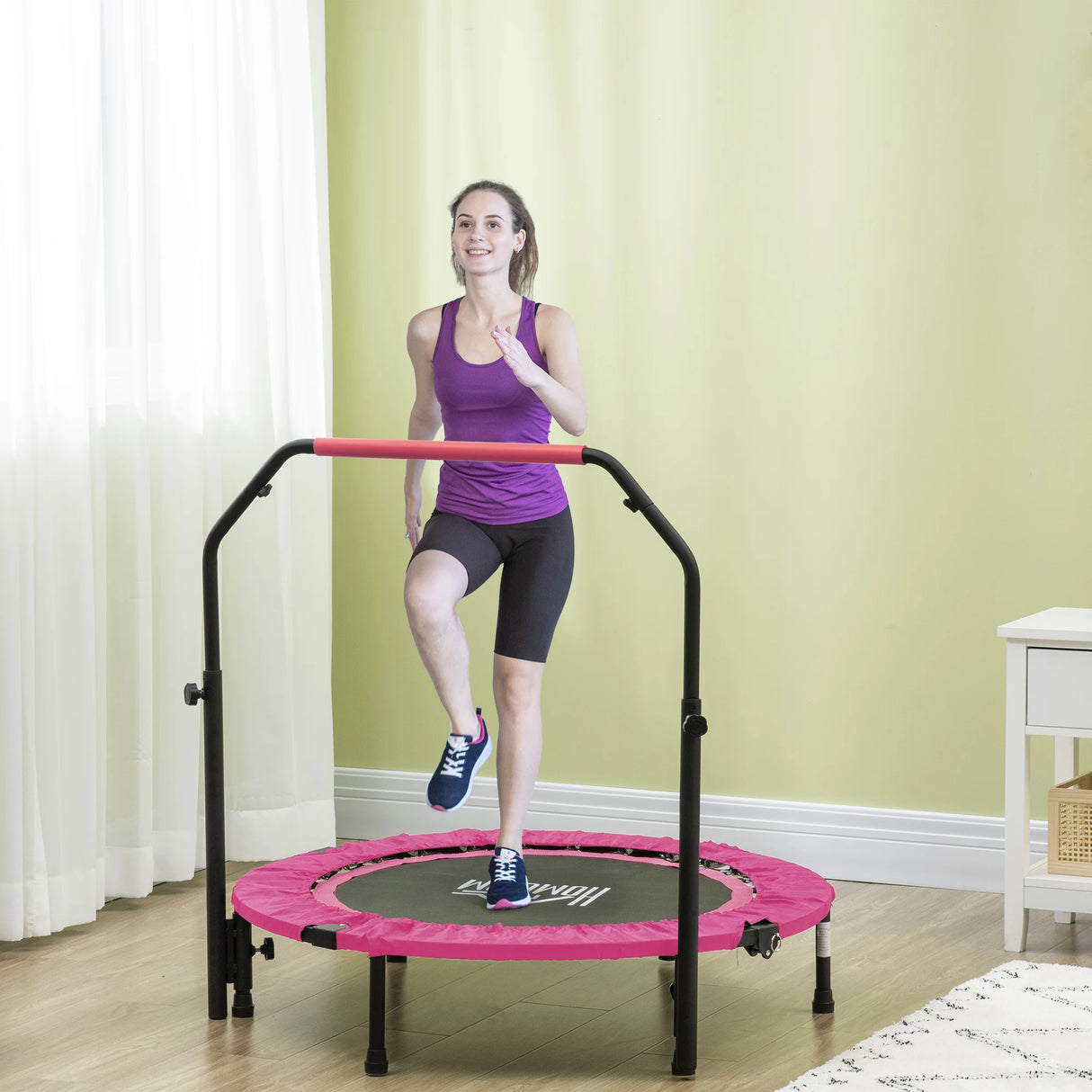 HOMCOM 40" Foldable Mini Fitness Trampoline, with Adjustable Foam Handle, Pink