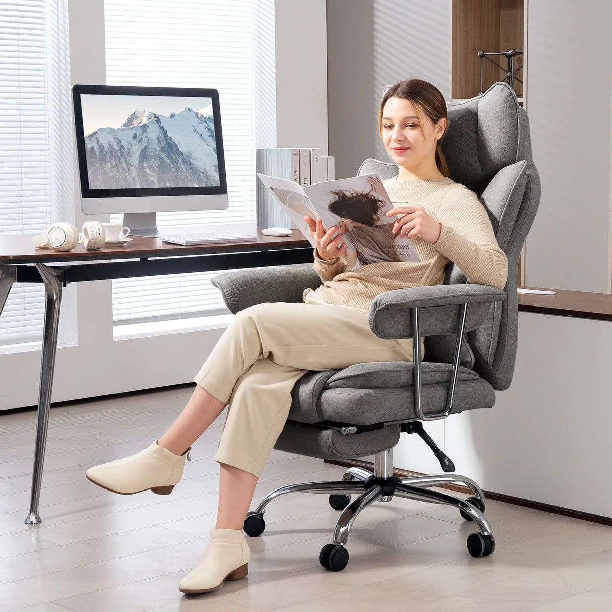 HOMCOM Leathaire Reclining Office Chair with Lumbar Support Pillow - Grey
