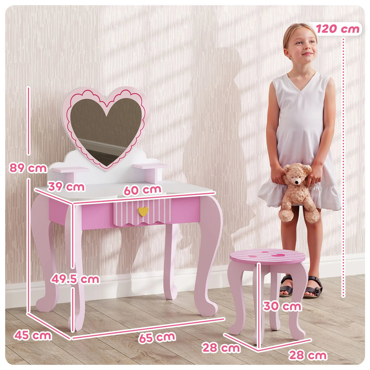 AIYAPLAY Kids Dressing Table Set, Vanity Table with Stool, Mirror, Drawer, Desktop Storage, Heart Theme, Pink