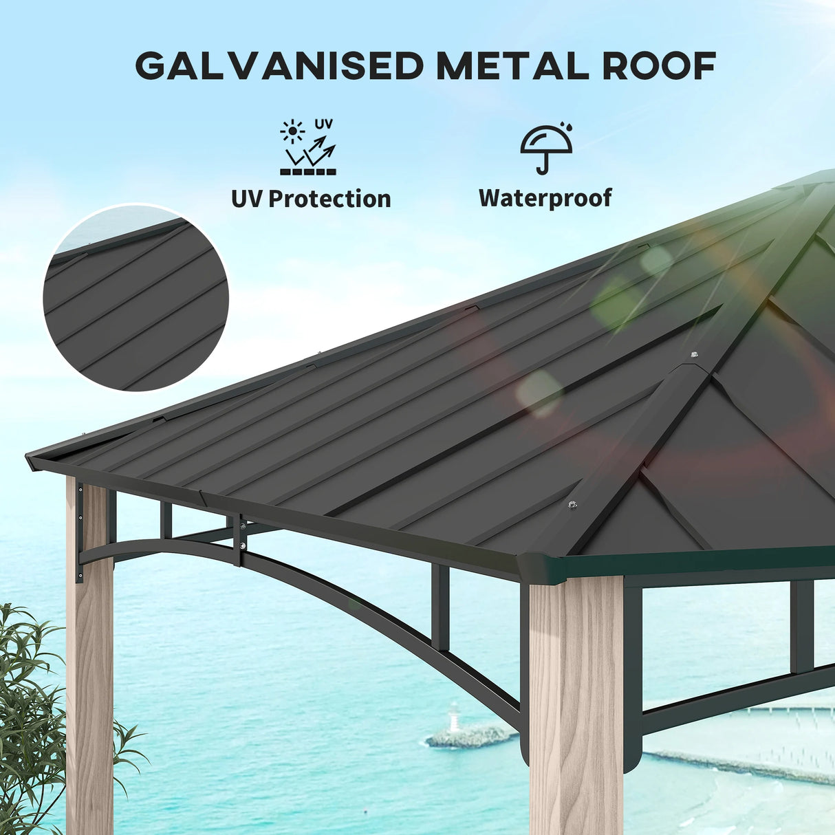 Outsunny 3 x 3 m Decorative Metal Gazebo - Black/Wood-Effect