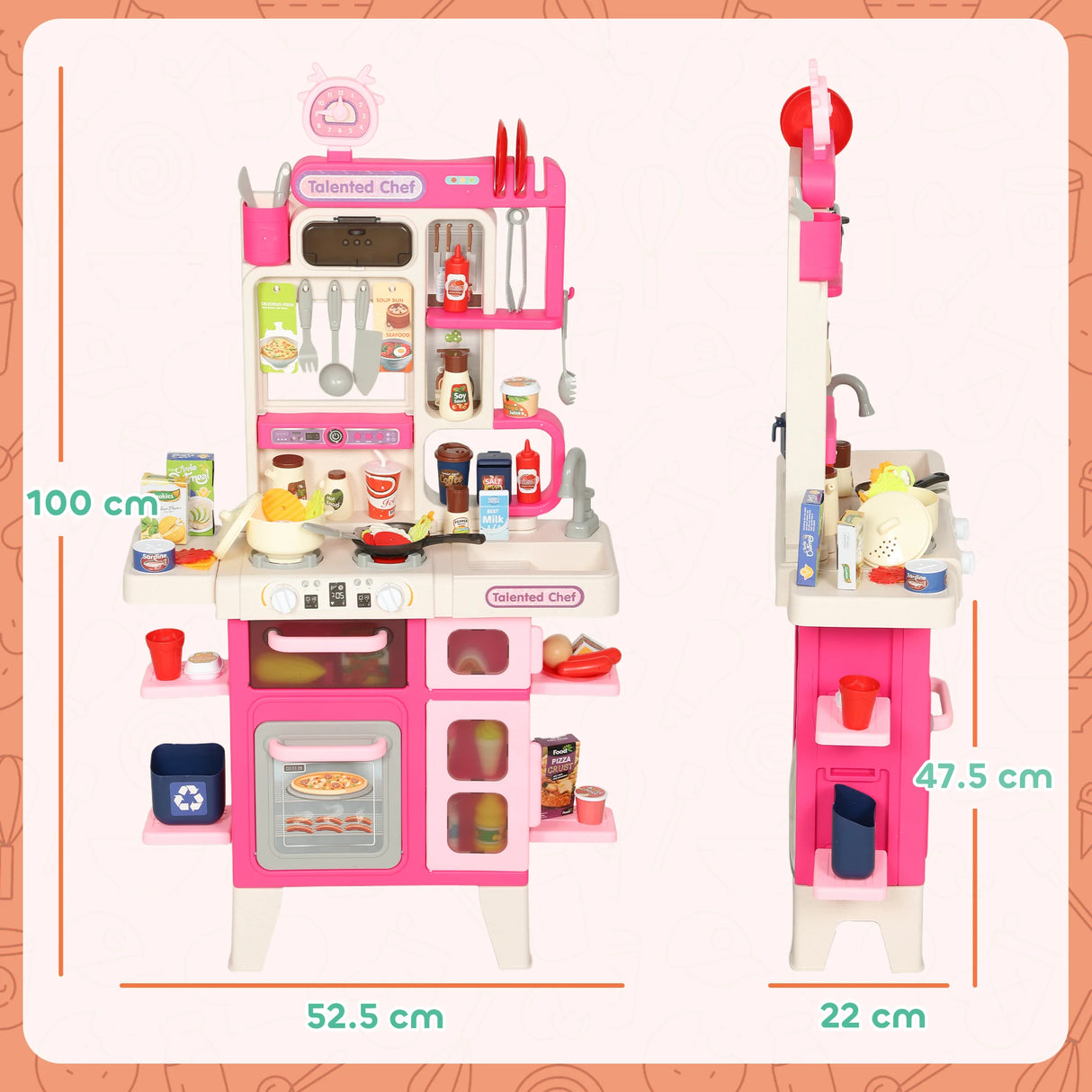 AIYAPLAY Pretend Play Kitchen Set with Realistic Lights & Sounds, 104PCS Toy Kitchen Accessories for Boys and Girls, Pink