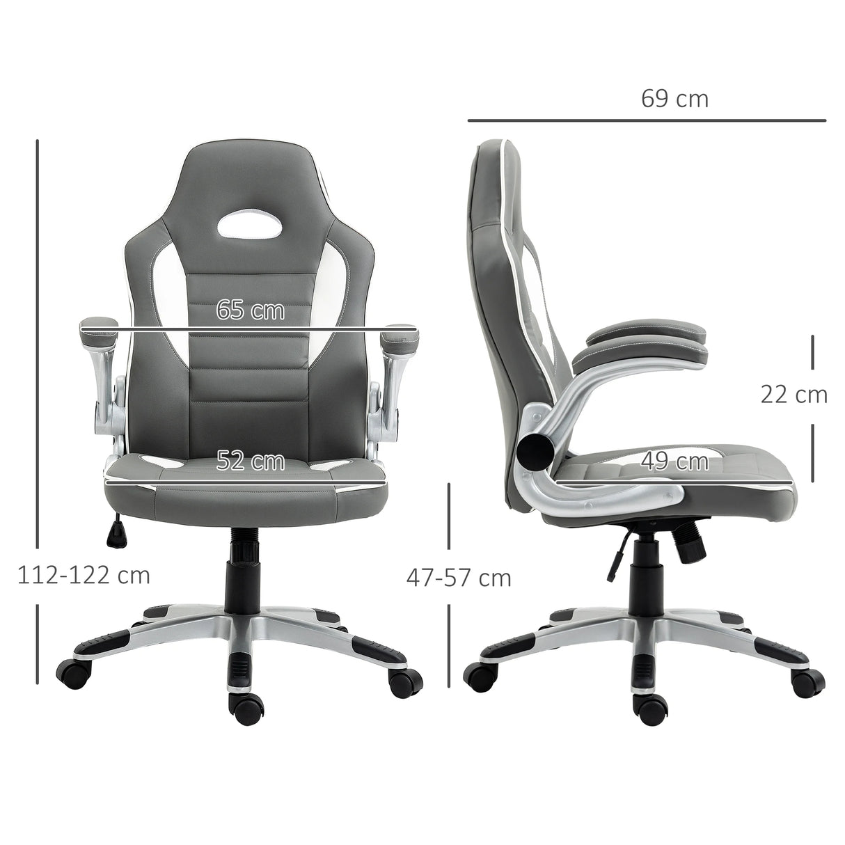 Vinsetto Computer Gaming Chair, Office Desk Swivel Chair, PU Leather Racing Chair with 90 Flip-up Armrest, Adjustable Height and Rolling Wheels, Grey