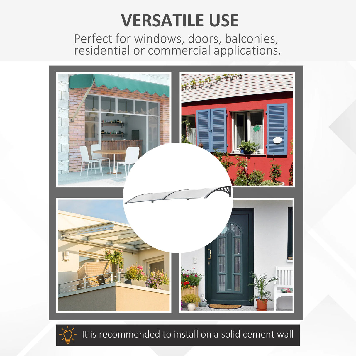 Outsunny Front Door Canopy Outdoor Awning Aluminium Rigid Plastic Polycarbonate Rain Shelter UV Water Rain Resistant 196 x 75cm Clear