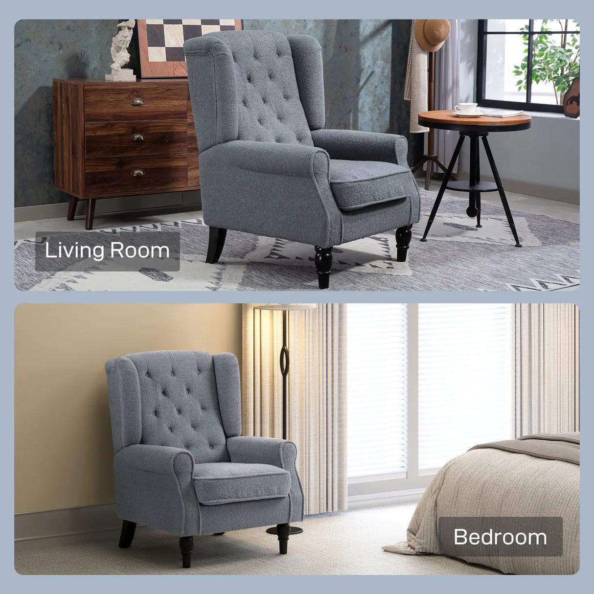 HOMCOM Wingback Accent Chair, Retro Upholstered Button Tufted Occasional Chair for Living Room and Bedroom, Grey