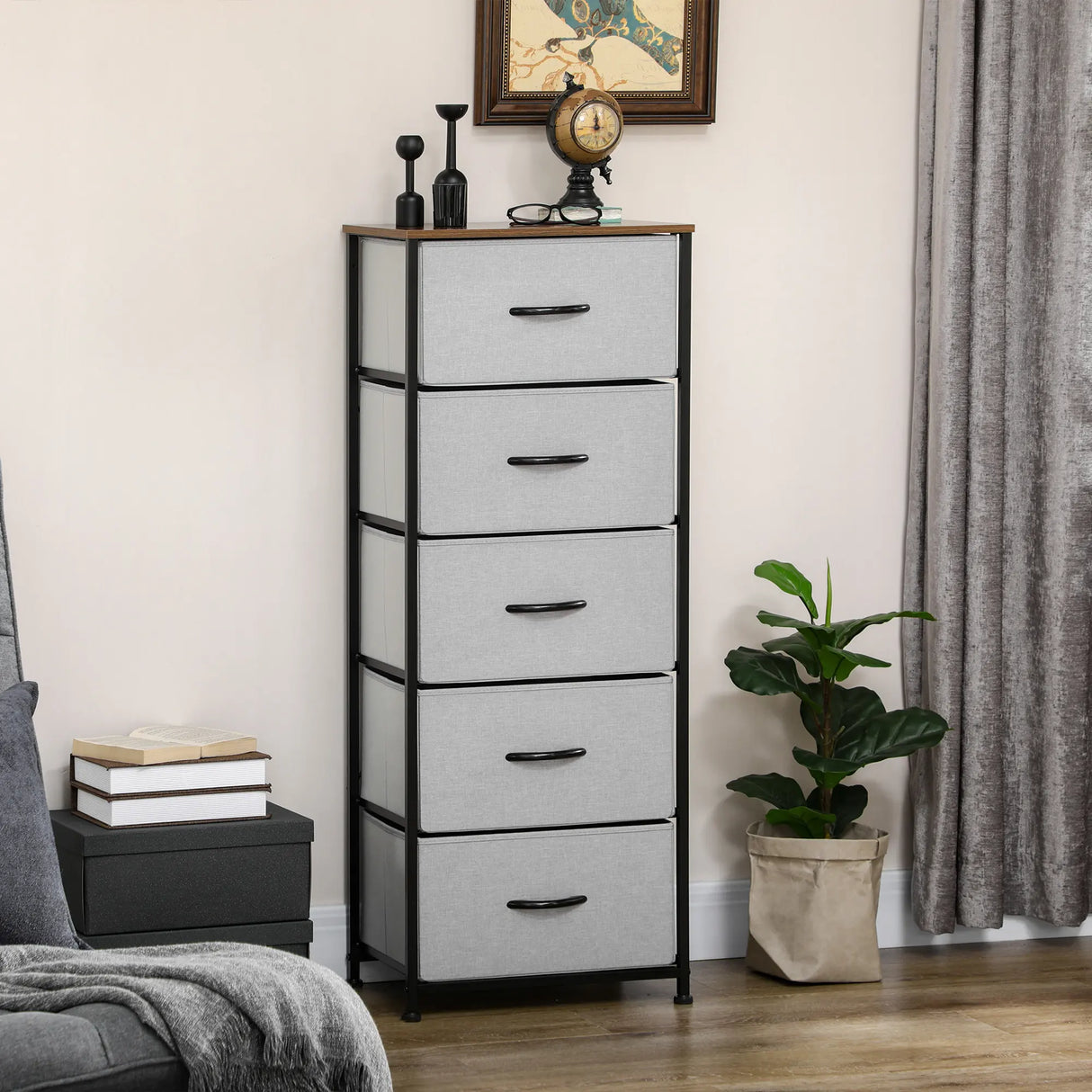 HOMCOM Fabric Chest of Drawers, Industrial Bedroom Dresser with 5 Fabric Drawers, Steel Frame and Wooden Top for Nursery, Living Room, Hallway, Grey