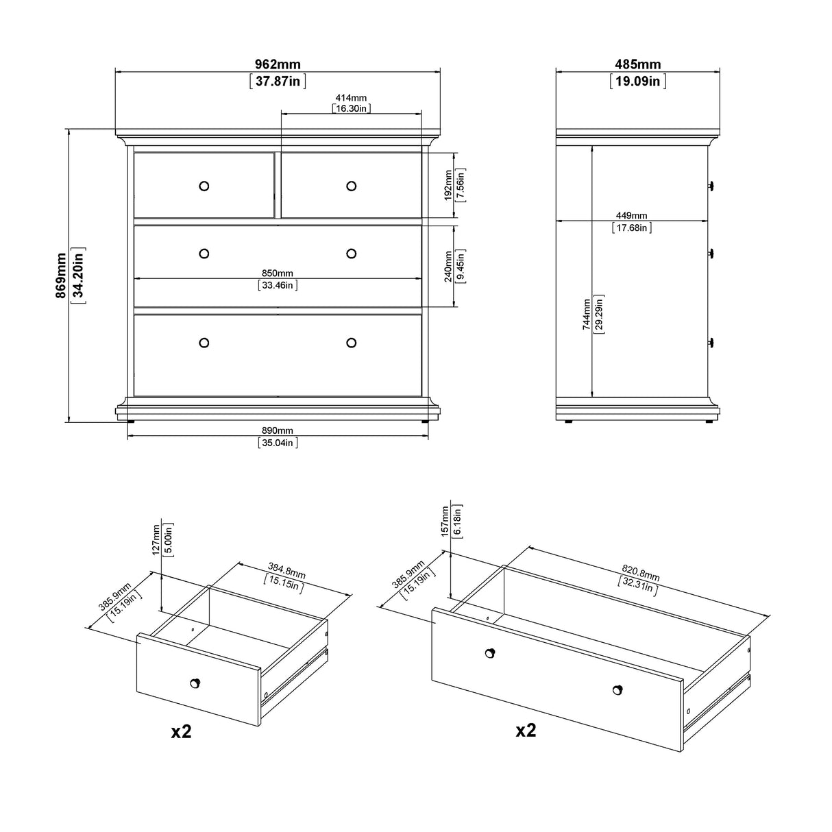 Paris Package - Bedside 2 Drawers in + Chest of 4 Drawers + Wardrobe with 2 Doors White