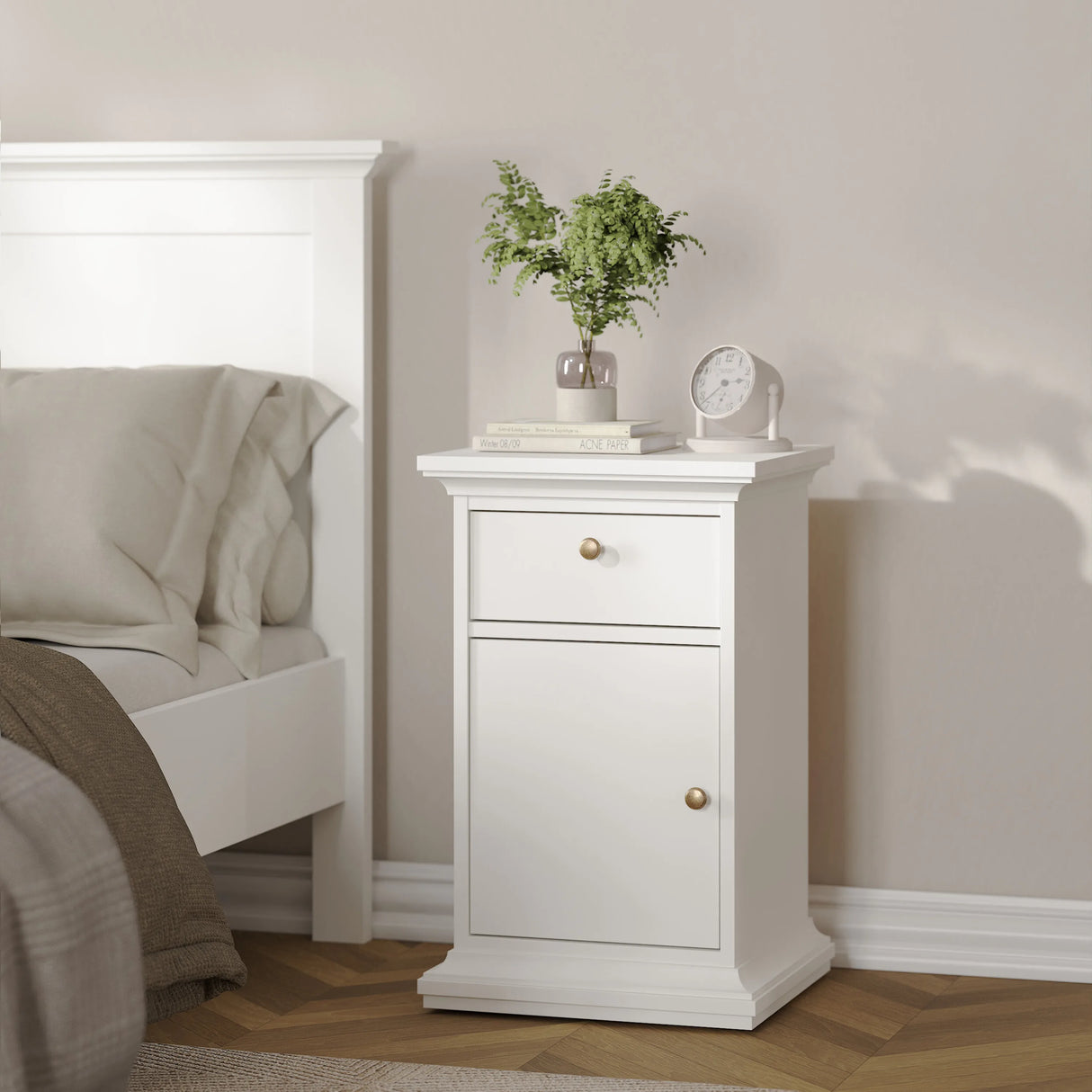 Paris Nightstand 1 Door + 1 Drawer in White