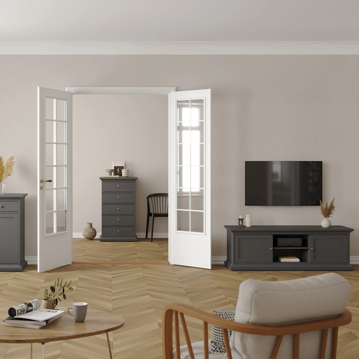 Paris TV-unit 2 frame Doors in Matt Grey