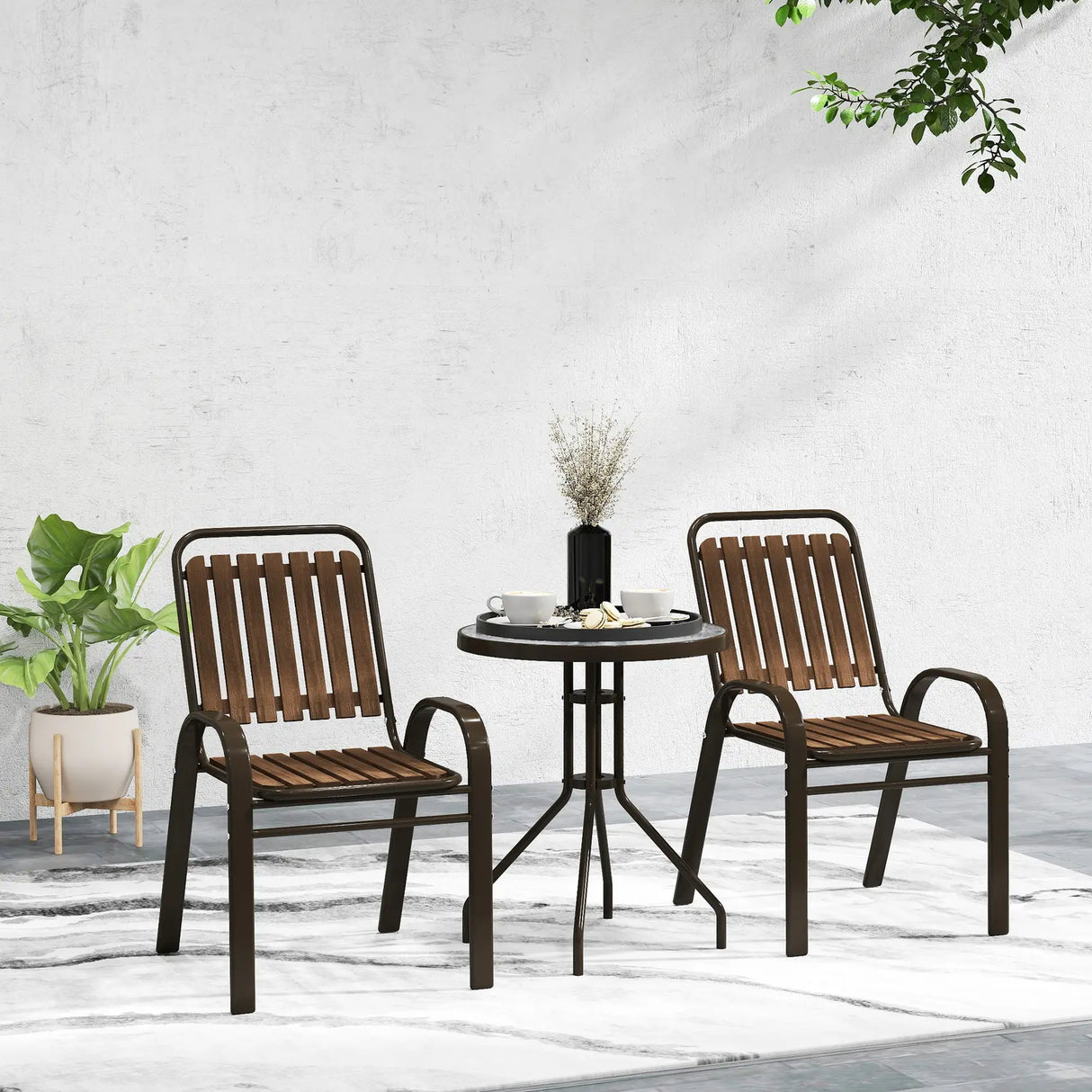 Outsunny 3 Pieces Patio Bistro Set with Stackable Chairs, Tempered Glass Table, for Outdoor, Balcony, Patio, Garden, Dark Brown